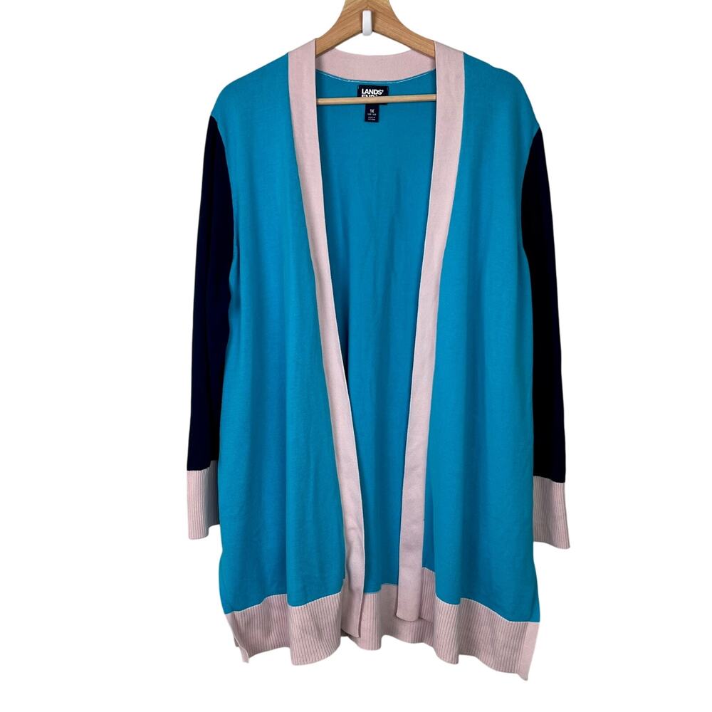 Land's End Women's Size 1X Fine Gauge Cotton Color Block Long Open Cardigan‎